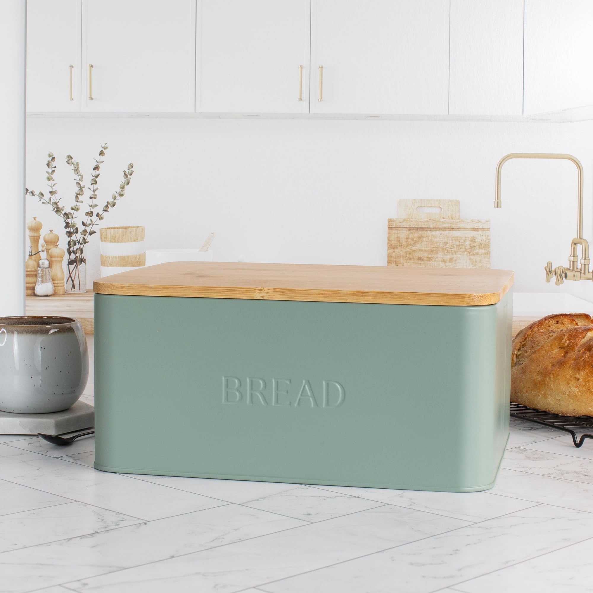 Stylish Bread Box with Wooden Lid for Kitchen Countertop, Spacious Storage Container for Homemade Bread Muffins Bagels, Premium Cutting Board Lid Keeps Bread Fresh