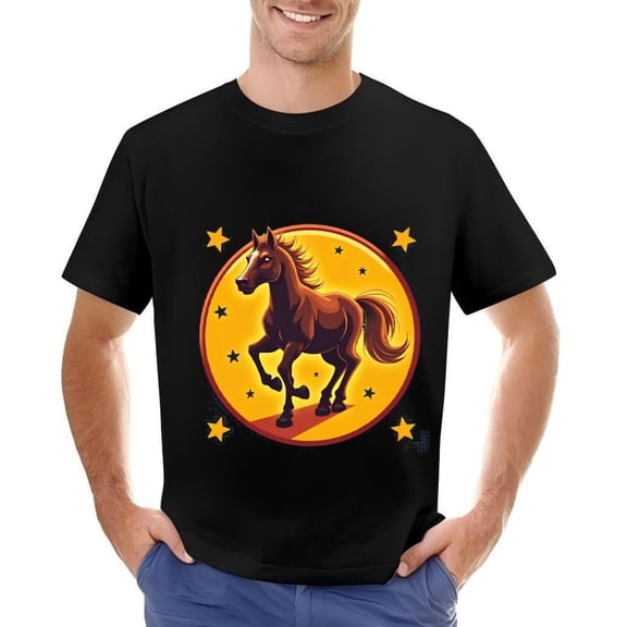 Stylish Brown Galloping Horse T-Shirt for Men - Vibrant Cotton Short Sleeve Tee with Starry Circular Design on Black Background