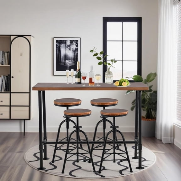 Stylish Brown & Industrial Black 5-Piece Bar Set: Space Saving Home Bar Furniture, Carbon Steel & Pine Wood (1 x Rectangular Dining Table, 4 x Stools: Height Adjustable & Flexible Rotating Top)