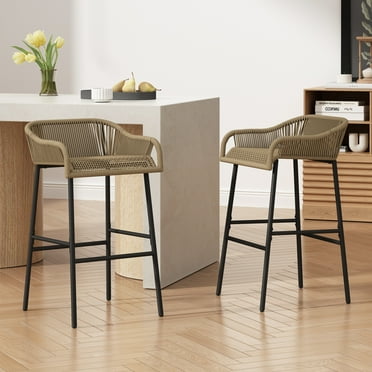 Stylish Brown Rope Design Barstools with Black Metal Frame, Set of 2
