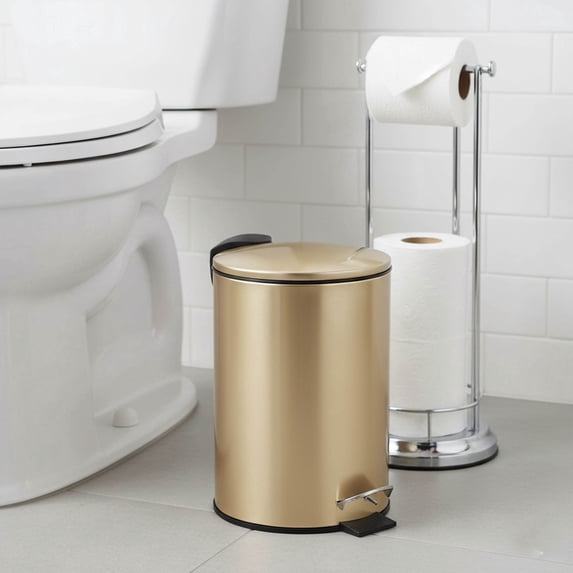 Stylish Brushed Gold Trash Can with Soft Close Lid – 3 Liters (0.8 Gallon) - Compact Metal Waste Bin for Bathroom, Office, or Bedroom - Elegant Pedal Trash Bin with Removable Inner Bucket