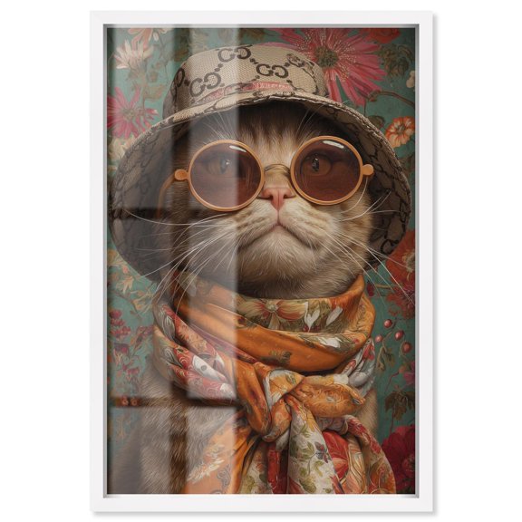 Stylish Bucket Hat Cat Shadowbox Print Pets Wall Art by Art Remedy, White Frame, 16 x 24