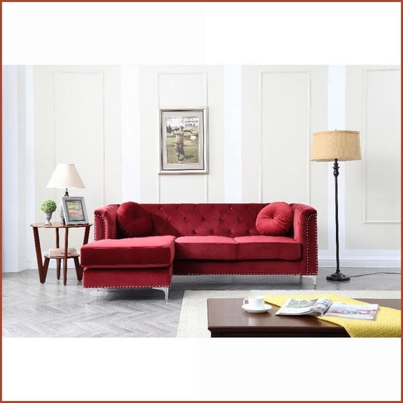 Stylish Burgundy Velvet Sofa Chaise Ample Living Room Seating, Durable Comfort & Soft Foam | Burgundy | Velvet | Foam