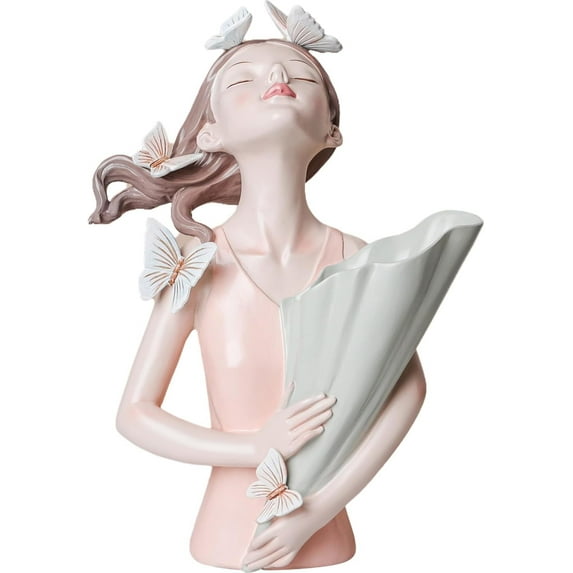 Stylish Butterfly Girl Sculpture Decorative Vase, Modern Girl Bust Statue Art, Home Living Room Desktop Decor Character Figurine