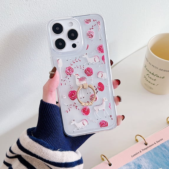 Stylish Butterfly Pattern Back Cover for Apple iPhone 16 Pro Max, Glitter Ring Holder Kickstand Fashionable Luxury Slim Fit Lightweight Clear Case for iPhone 16 Pro Max, F
