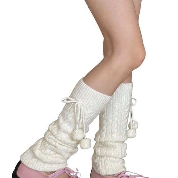 Stylish Cable Knitted Stretchy Leg Warmers with Plush Balls Bows ...