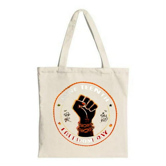 Stylish Canvas Tote Bag " FREE TEEN " & " FEED DON ' T " Text Beige Background with Orange & Red Accents