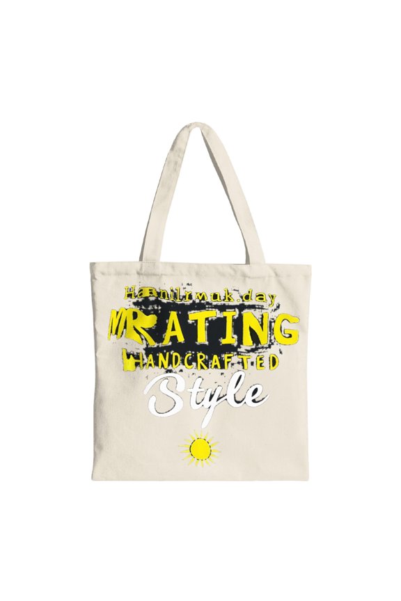Stylish Canvas Tote Bag - " Handmade Day Rating Handcrafted Style " in Bold Yellow & Black with Sun Illustration - Perfect for Shopping Travel & Parties