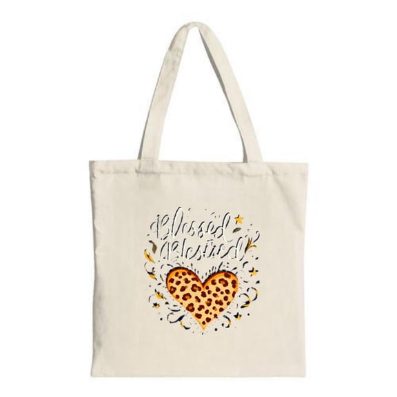 Stylish Canvas Tote Bag Print Heart Stars ' Blessed ' & ' Praises ' in Cursive - Perfect for Shopping & Travel