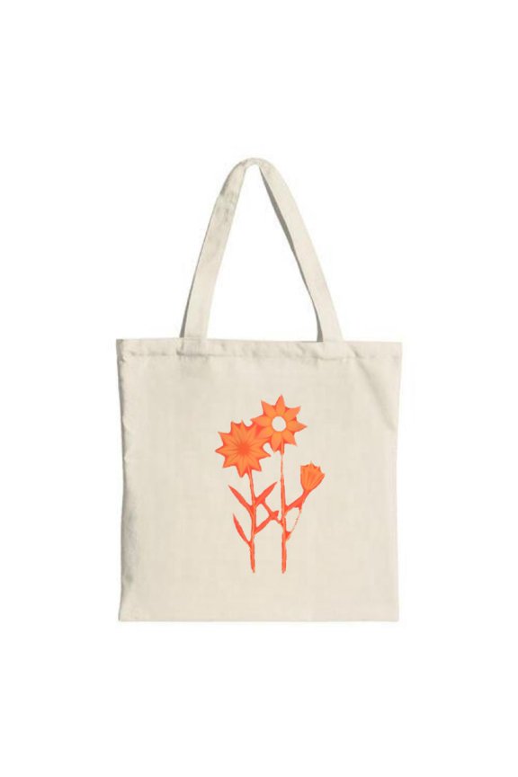 Stylish Canvas Tote Bag with Two Handles featuring vibrant orange star-Shaped flowers and green stems on a light background perfect for shopping and travel