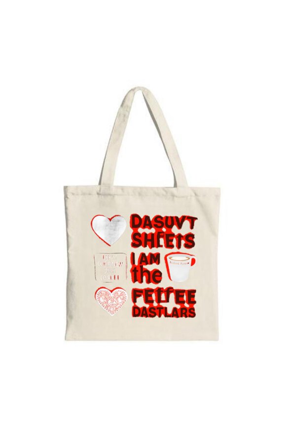 Stylish Canvas Tote Bag with Unique Red & Black Text " DA SUVT SHEETS I AM THE FETIEE DASTLARS " and Charming Heart Mug and Patterned Square Illustrations