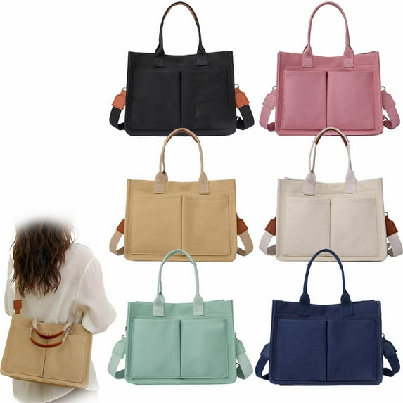 Stylish Canvas Tote Bag for Women, Multi-Pocket Large Beach Bag, Laptop Work Tote with Adjustable Shoulder Strap, Water-Resistant Teacher Purse for Travel, Gym, Weekend Trips