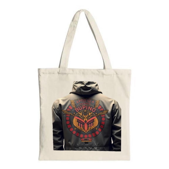 Stylish Canvas Tote Bag featuring a beige jacket design with a bold ' OTOPUM BUPINO ' emblem and vibrant red - orange accents
