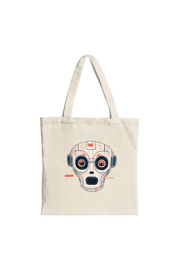 Stylish Canvas Tote Bag featuring a bold stylized robot face with large circular eyes and vibrant red and blue outlines perfect for any occasion