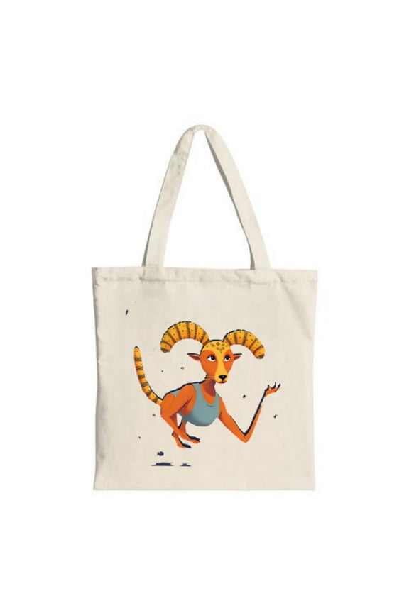Stylish Canvas Tote Bag featuring a cartoon orange goat with curved horns in a blue shirt perfect for shopping travel and parties