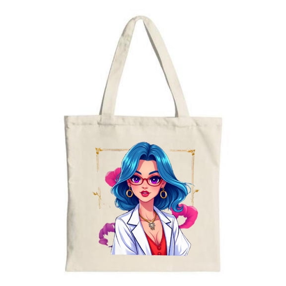 Stylish Canvas Tote Bag featuring a cartoon woman in a lab coat with blue hair gold accessories framed by vibrant flowers