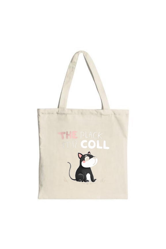 Stylish Canvas Tote Bag featuring a charming black cat design with ' THE BLACK FOR COLL ' text in pink and white on a light beige background