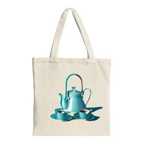 Stylish Canvas Tote Bag featuring a charming blue teapot with matching cups and saucers perfect for tea lovers and Eco-Friendly shopping
