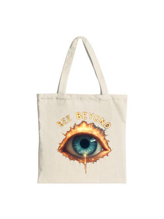 Stylish Canvas Tote Bag featuring a close - up eye design with a blue iris and tear emblazoned with ' SEE BEYOND ' for a unique