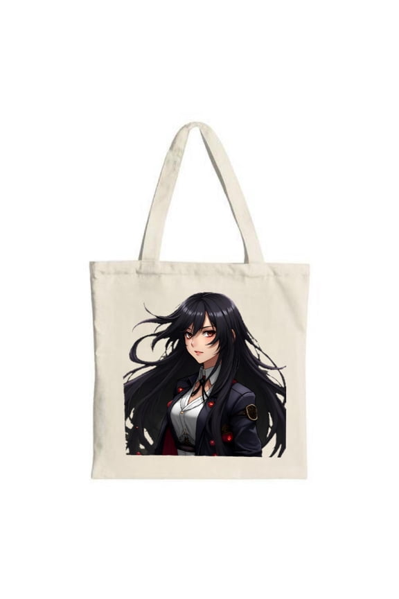 Stylish Canvas Tote Bag featuring a confident black - haired anime character in a dark jacket with red buttons perfect for shopping and travel