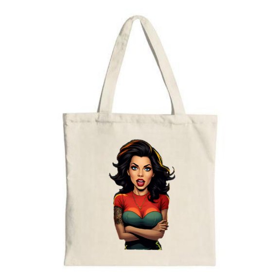 Stylish Canvas Tote Bag featuring a confident woman in a red top and green skirt perfect for shopping travel and parties