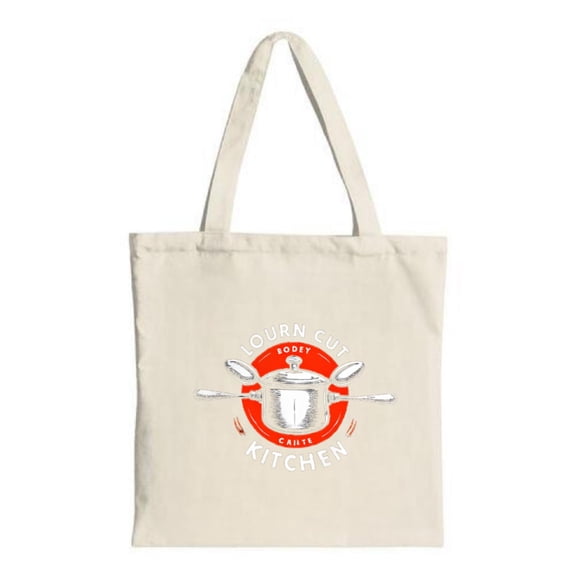 Stylish Canvas Tote Bag featuring a cooking pot and utensils encircled by ' TOURN CUT KITCHEN ' in white on a light beige background