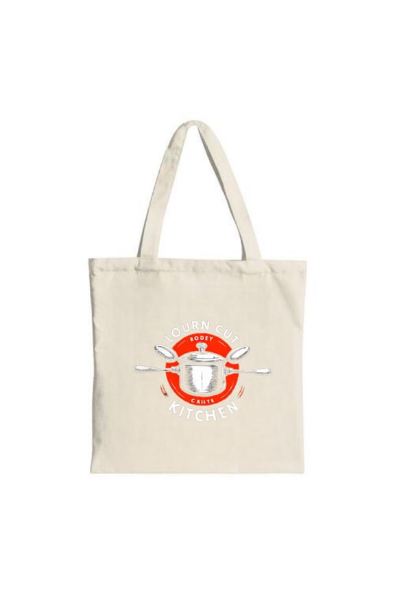 Stylish Canvas Tote Bag featuring a cooking pot and utensils encircled by ' TOURN CUT KITCHEN ' in white on a light beige background