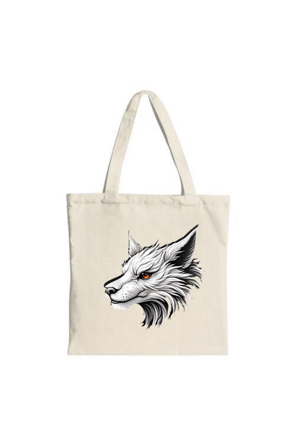 Stylish Canvas Tote Bag featuring a detailed wolf ' s head illustration with a striking orange eye perfect for shopping and travel