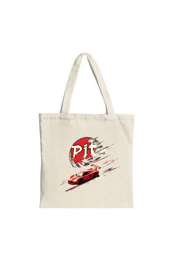 Stylish Canvas Tote Bag featuring a dynamic red sports car racing towards a bold circular design perfect for shopping travel and parties