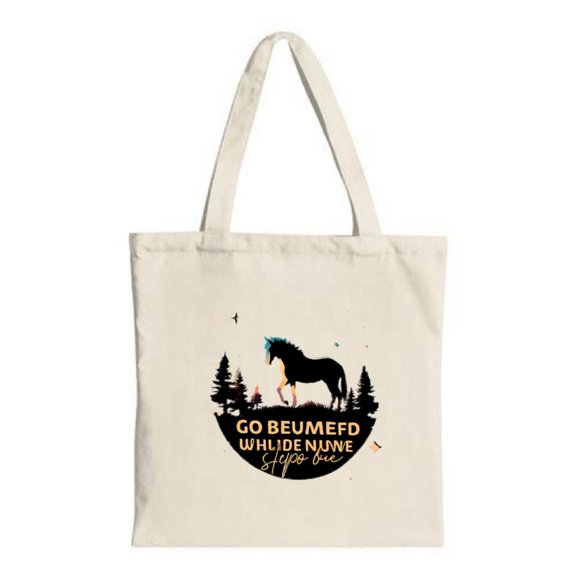 Stylish Canvas Tote Bag featuring a horse silhouette on a scenic circular background with trees and birds Perfect for shopping and travel