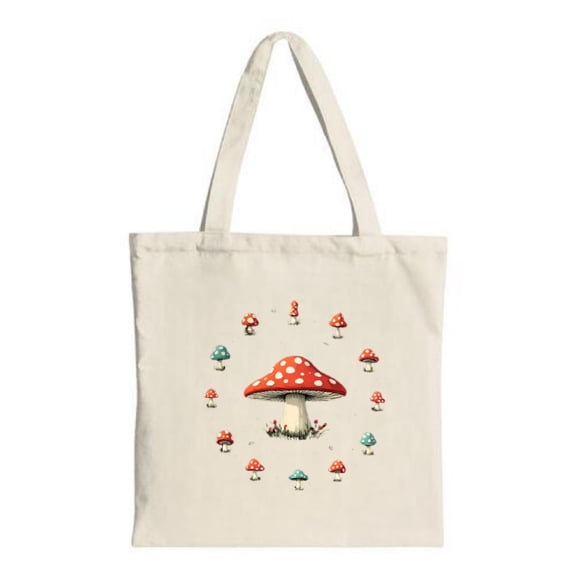 Stylish Canvas Tote Bag featuring a large red mushroom design with colorful smaller mushrooms perfect for shopping travel and parties
