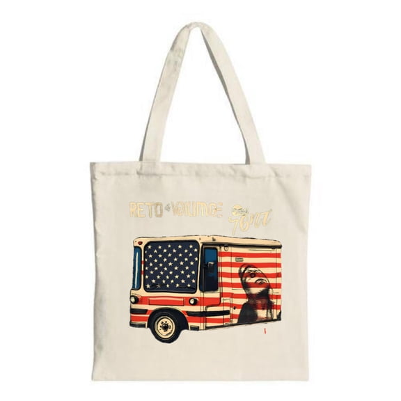 Stylish Canvas Tote Bag featuring a retro bus with American flag patterns perfect for shopping travel and parties