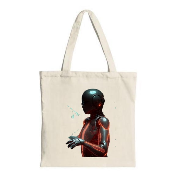 Stylish Canvas Tote Bag featuring a sleek humanoid robot design with glowing accents perfect for shopping travel and parties