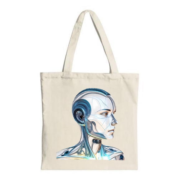 Stylish Canvas Tote Bag featuring a sleek humanoid robot head in profile metallic silver with blue accents perfect for shopping and travel