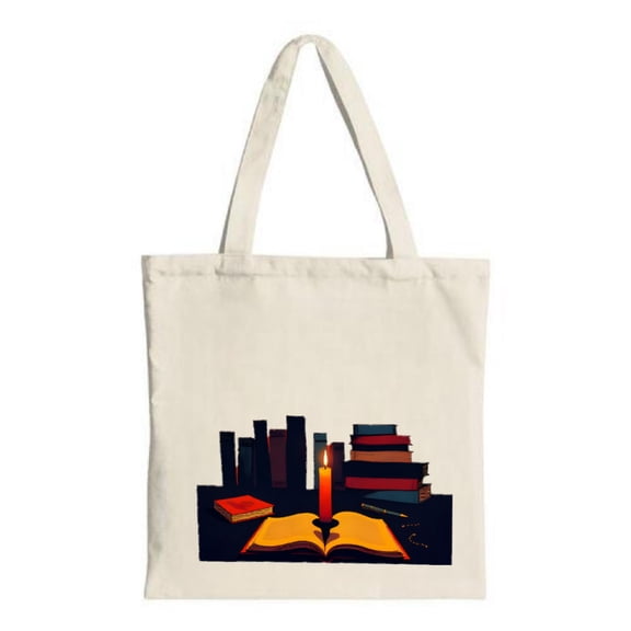 Stylish Canvas Tote Bag featuring a stack of books an open book and a lit candle design perfect for book lovers and everyday use