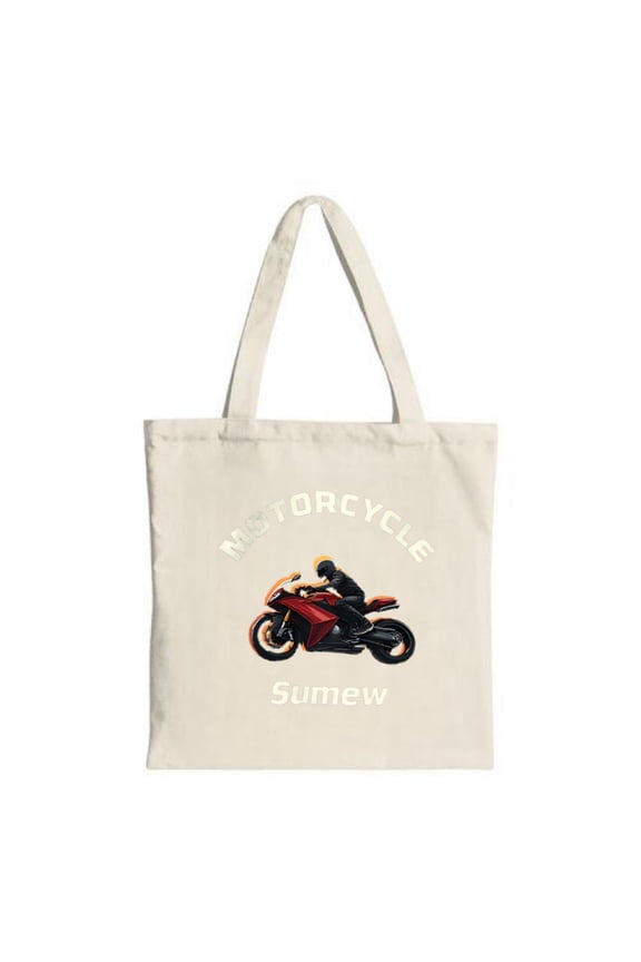 Stylish Canvas Tote Bag featuring a striking red motorcycle and rider in black gear perfect for shopping travel and parties