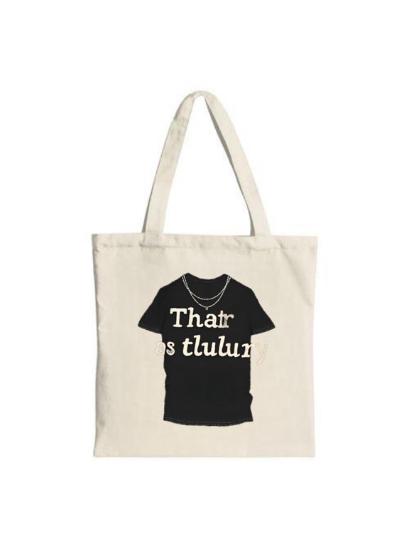 Stylish Canvas Tote Bag featuring a unique black t - shirt design with a necklace and " That ' s tlulun " text perfect for shopping and travel