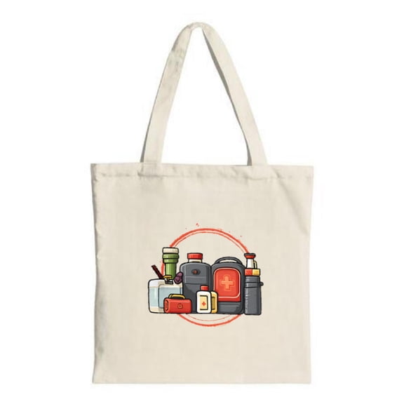 Stylish Canvas Tote Bag featuring a unique design of household like cleaning supplies and a symbol
