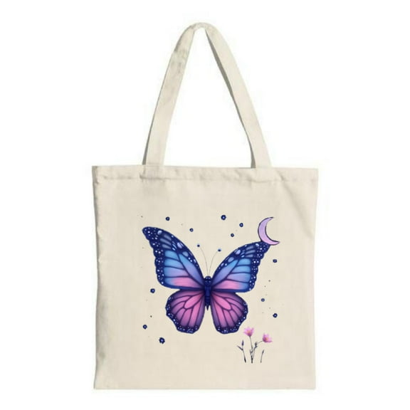 Stylish Canvas Tote Bag featuring a vibrant butterfly in blue and pink accented by a delicate flowers