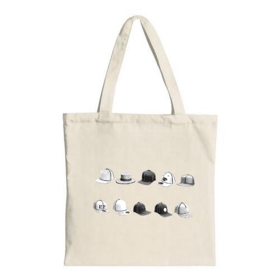 Stylish Canvas Tote Bag featuring a vibrant collection of hats: baseball caps fedoras and bowlers perfect for shopping and travel