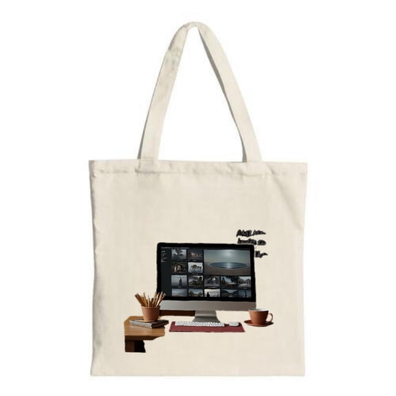 Stylish Canvas Tote Bag featuring a vibrant computer setup design with a monitor keyboard and desk accessories perfect for shopping and travel