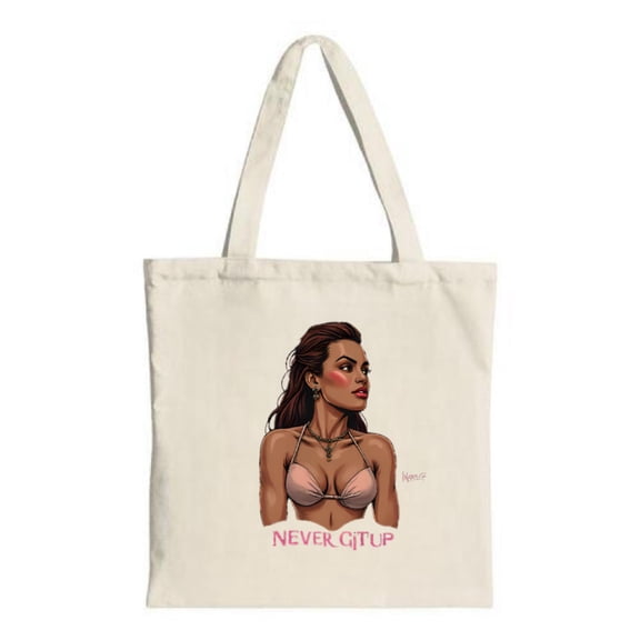 Stylish Canvas Tote Bag featuring a woman in a pink with a necklace and the phrase " NEVER GIT UP " Perfect for shopping and travel