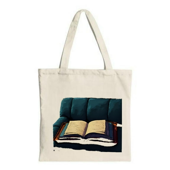 Stylish Canvas Tote Bag featuring an open book on a teal couch perfect for shopping travel and parties