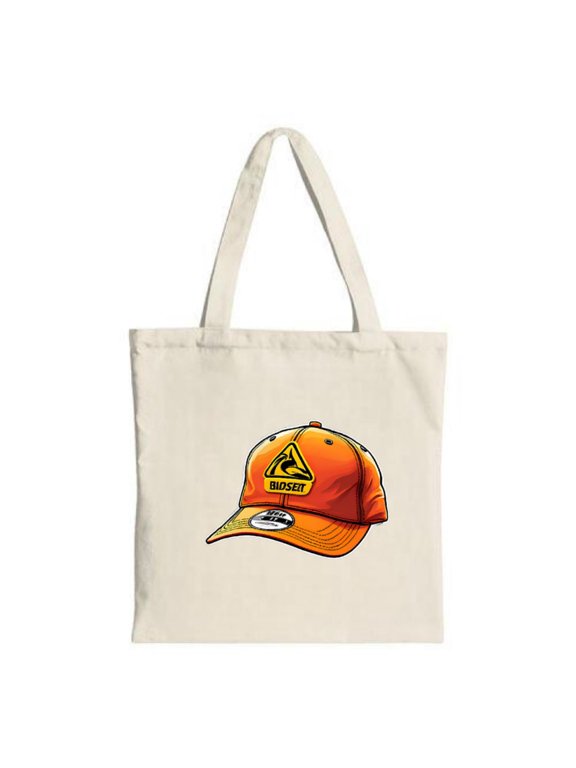 Stylish Canvas Tote Bag featuring an orange baseball cap design with a yellow triangle and ' BIOSEY ' in black perfect for shopping and travel