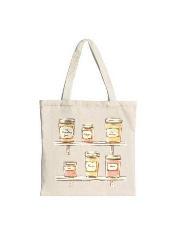 Stylish Canvas Tote Bag featuring charming jars labeled ' Easy Morning Dried Cherries Honey ' and ' Strawberry '