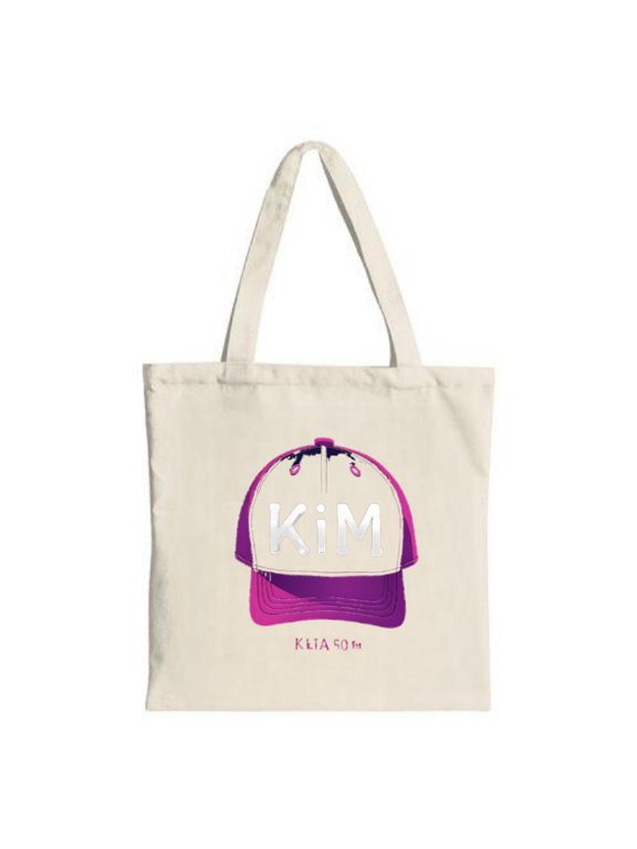 Stylish Canvas Tote Bag featuring a purple and white baseball cap design with ' KIM ' in bold white and ' 50 ' in purple perfect for shopping and travel