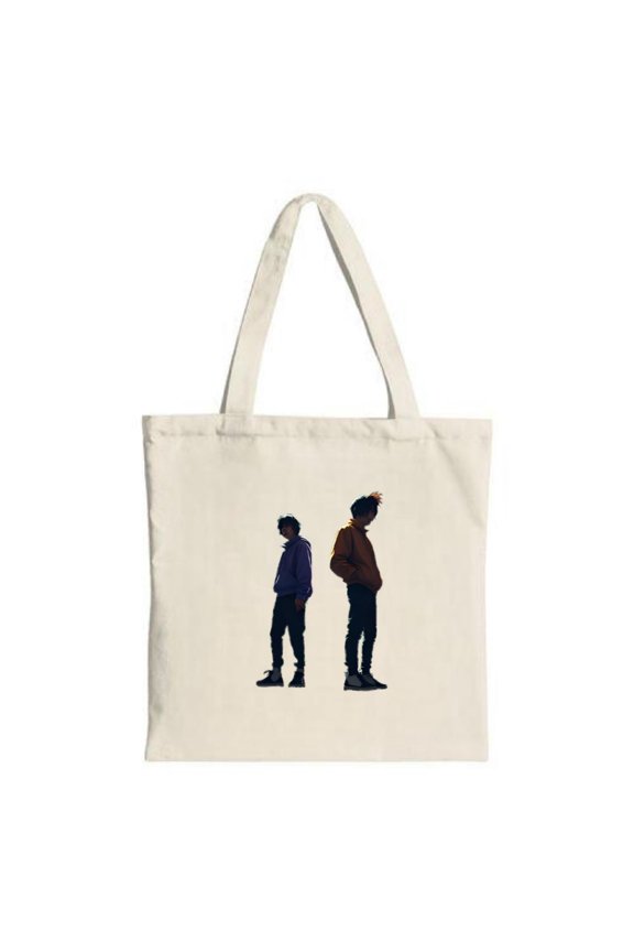 Stylish Canvas Tote Bag featuring two silhouetted figures in blue and brown jackets perfect for shopping travel and parties
