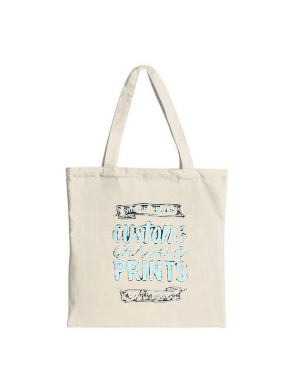 Stylish Canvas Tote Bag with ' 50 YEARS ' and ' custom & creative prints ' in mixed fonts perfect for shopping travel and parties