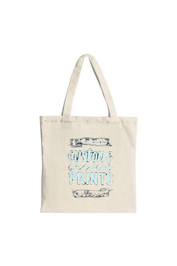 Stylish Canvas Tote Bag with ' 50 YEARS ' and ' custom & creative prints ' in mixed fonts perfect for shopping travel and parties