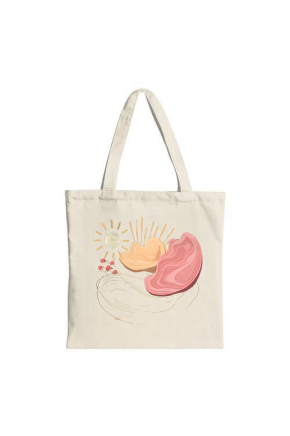 Stylish Canvas Tote Bag with Abstract Shapes: Features a large pink ear - like shape vibrant sun playful red dots